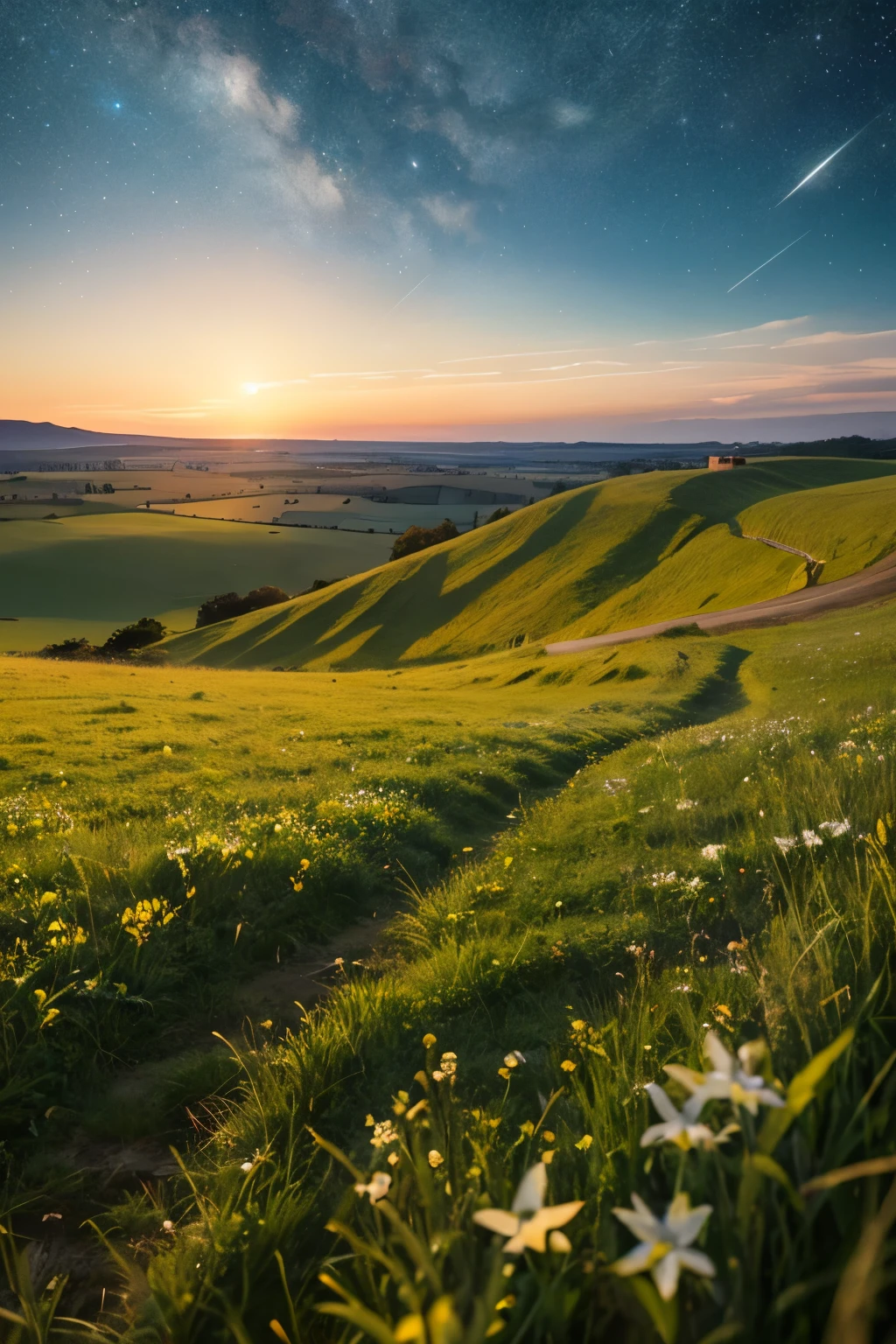 A grassland with a rural landscape where you can see the starry sky with a very clear view of the celestial bodies