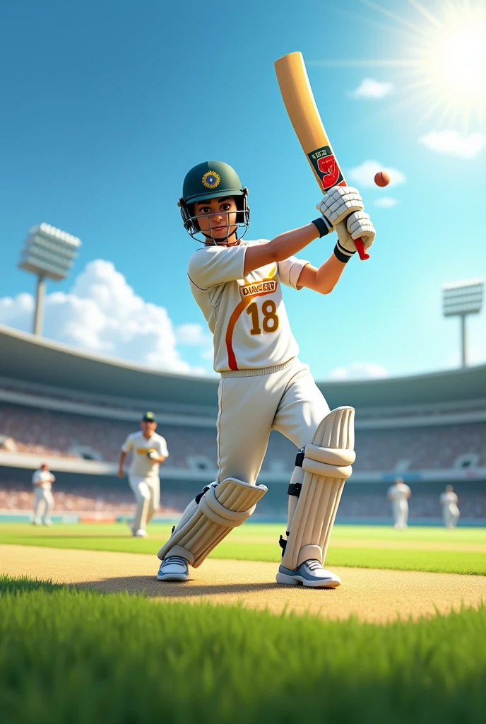 "A young male cricket player named Durgesh is on a vibrant, well-maintained cricket ground. He is wearing a white or colored cricket jersey with the name 'Durgesh' prominently displayed on the back, along with the number '18' in bold. The player is captured in action,batting,, under a bright, sunny sky. The background shows a lush green outfield with a few fielders and a cricket pitch, giving a lively and energetic atmosphere of a cricket match."
Cricket match should be between india vs australia 