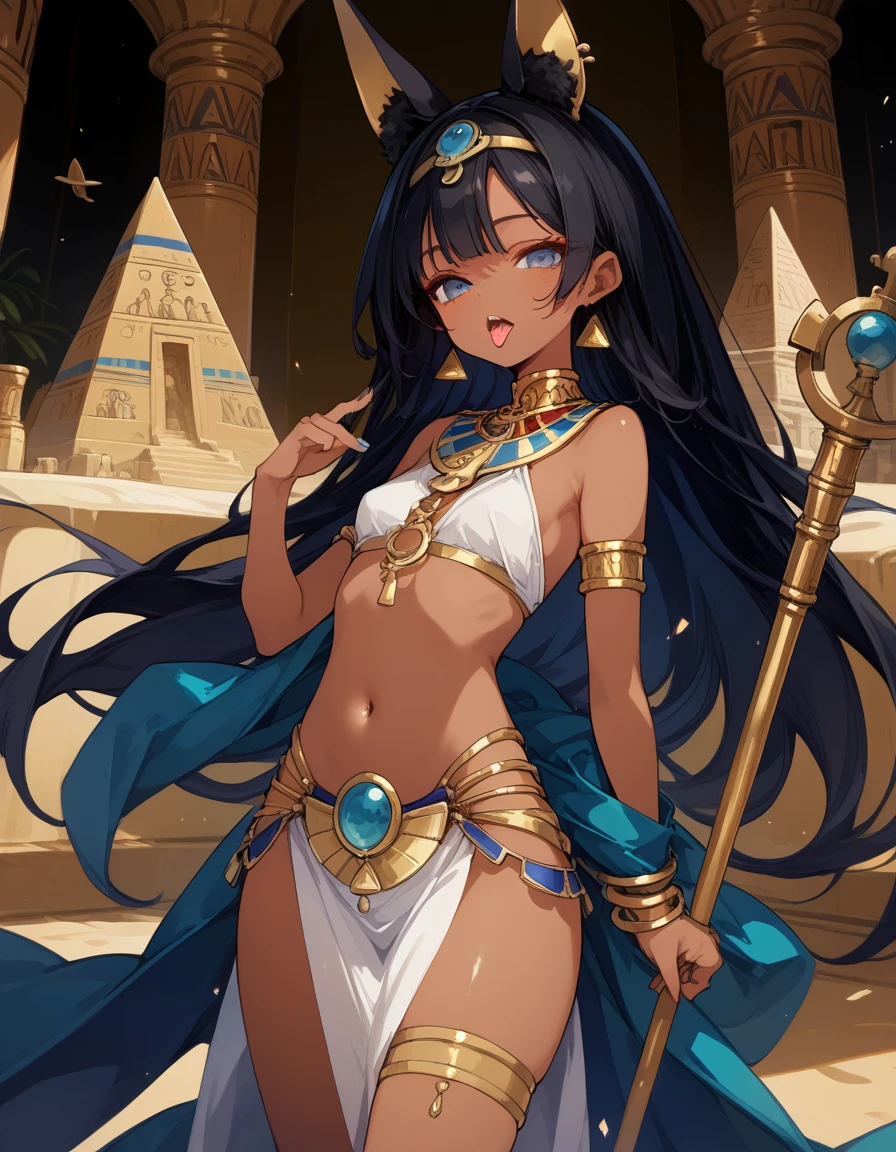 score_10,score_9_up,score_8_up,score_7_up, hadrian, small breasts,expressionless, looking at viewer, seductive, with Pyramid of Khufu view, in Egypt, female anubis, egyptian clothes, egyptian mythology, truncheon,staff, long black hair, dark skin, open mouth, tongue, lewd, cowboy shot, nice hips, licking finger, half open eyes,