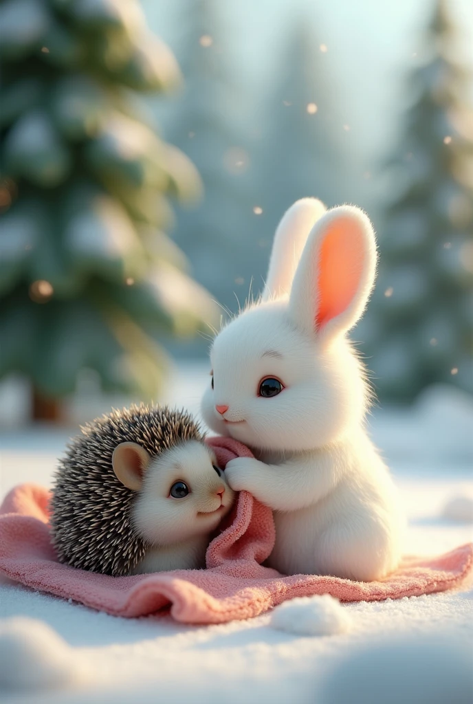 There is snow all around and there is snow in the background as well and the trees are also of beautiful green colour. A cute little rabbit whose hair is like feathers and who is white in colour. The rabbit brings his friend to his house where there is full furniture, there is a kitchen as well and there is a bed on which the hedgehog is shivering with cold and the rabbit goes near the hedgehog and is covering him with a quilt and is very sad.image in 3d animation
