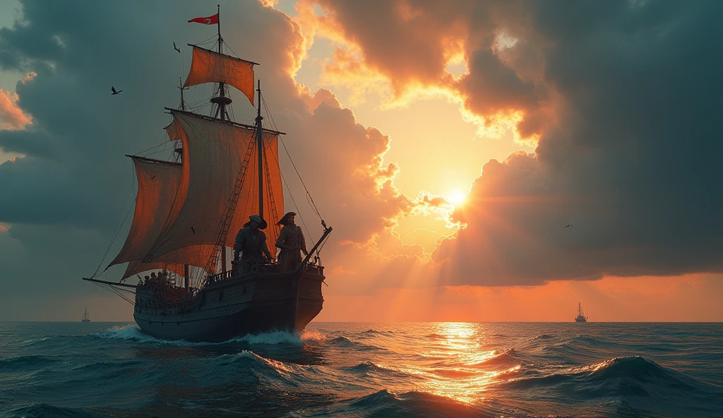 (best quality,4k,8k,highres,masterpiece:1.2),ultra-detailed,(realistic,photorealistic,photo-realistic:1.37),several pirates fishing from a pirate ship in the age of discovery,detailed pirate costumes,detailed pirate ship,cloudy sky,calm sea,sunlight on the water,fishing nets,small fishing boat,seabirds flying overhead cinematic composition,dramatic color palette,epic scale,powerful waves,turbulent waters,gloomy sky,ominous clouds) multicolored ocean, psychedelic moving waves, orange hues, sunrays,
