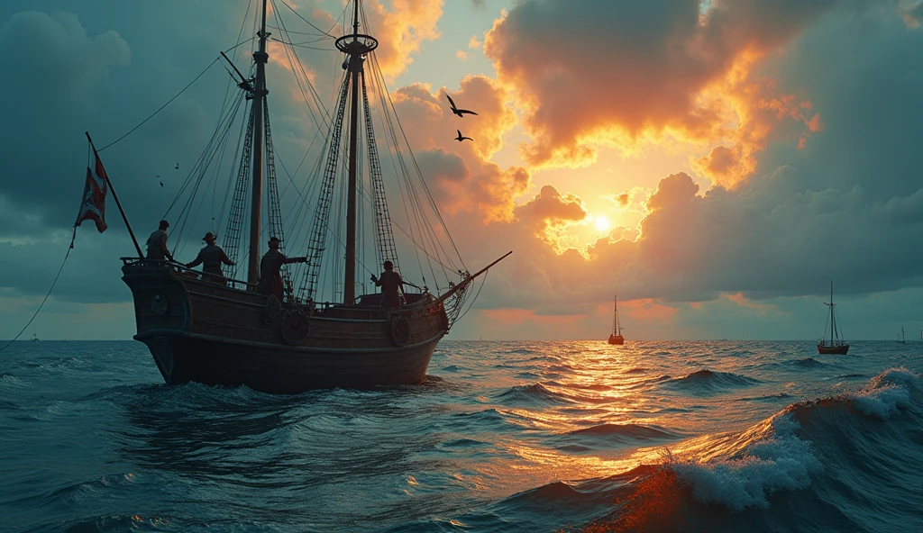 (best quality,4k,8k,highres,masterpiece:1.2),ultra-detailed,(realistic,photorealistic,photo-realistic:1.37),several pirates fishing from a pirate ship in the age of discovery,detailed pirate costumes,detailed pirate ship,cloudy sky,calm sea,sunlight on the water,fishing nets,small fishing boat,seabirds flying overhead cinematic composition,dramatic color palette,epic scale,powerful waves,turbulent waters,gloomy sky,ominous clouds) multicolored ocean, psychedelic moving waves, orange hues, sunrays,