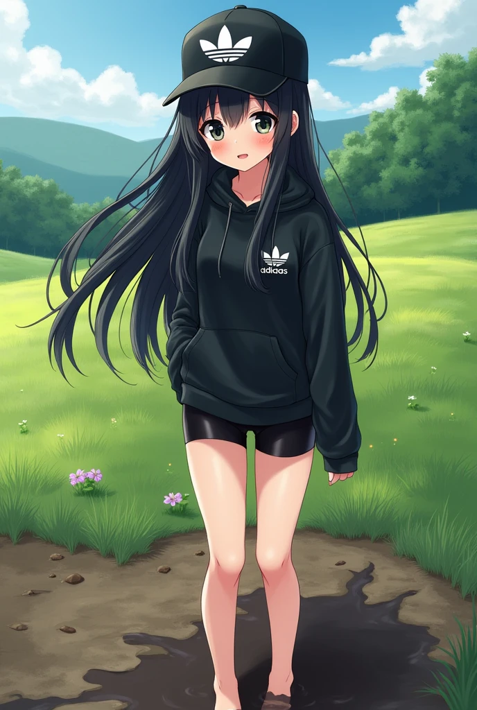 Sexy anime girl, long black hair, black eyes, barefoot, wear black adidas cap, wear black adidas hood, wear black panties, background is countryside, girl is stepped in poop, girl show her feet