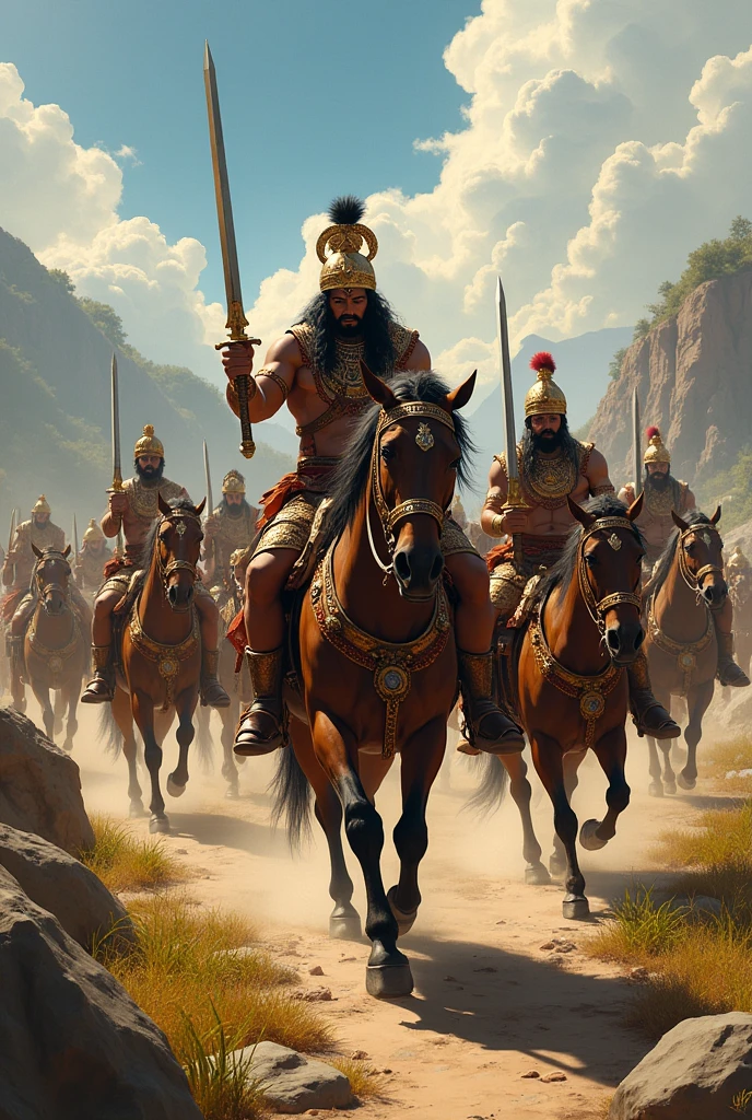 Hindu warriors marching on horses with sword in hands