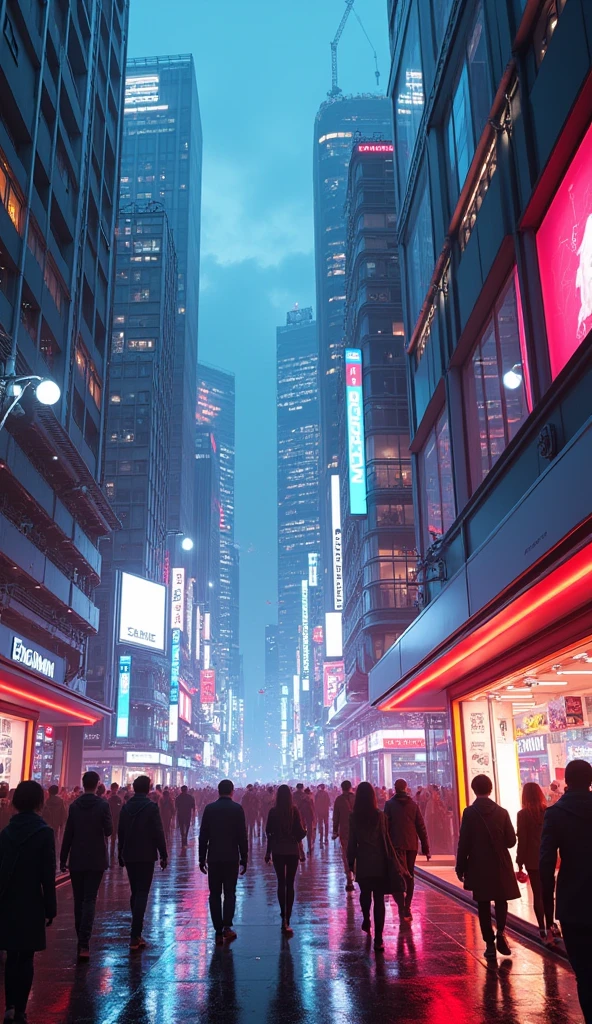 A cyberpunk city street scene with full of neon lights, and futuristic buildings, featuring a store at corner city. The atmosphere is vibrant and bustling with people in high-tech attire, high resolution, captured in crisp detail, The background features a neon-lit cityscape, giving the cyberpunk atmosphere a touch of intimacy and tenderness, eye-level camera angle --s 500 --v 6.0 --no 3D effect, photorealistic.