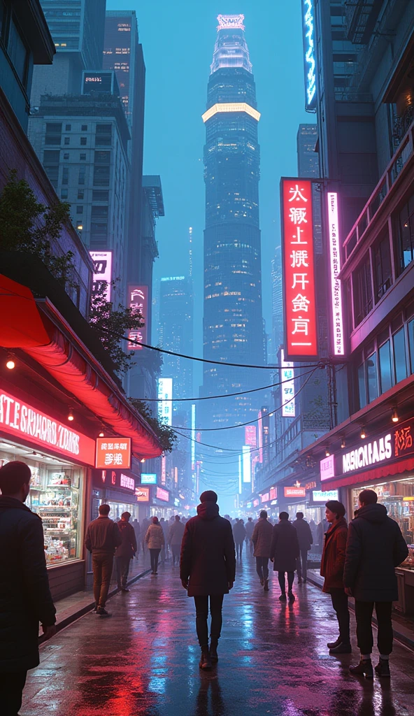 A cyberpunk city street scene with full of neon lights, and futuristic buildings, featuring a store at corner city. The atmosphere is vibrant and bustling with people in high-tech attire, high resolution, captured in crisp detail, The background features a neon-lit cityscape, giving the cyberpunk atmosphere a touch of intimacy and tenderness, eye-level camera angle --s 500 --v 6.0 --no 3D effect, photorealistic.