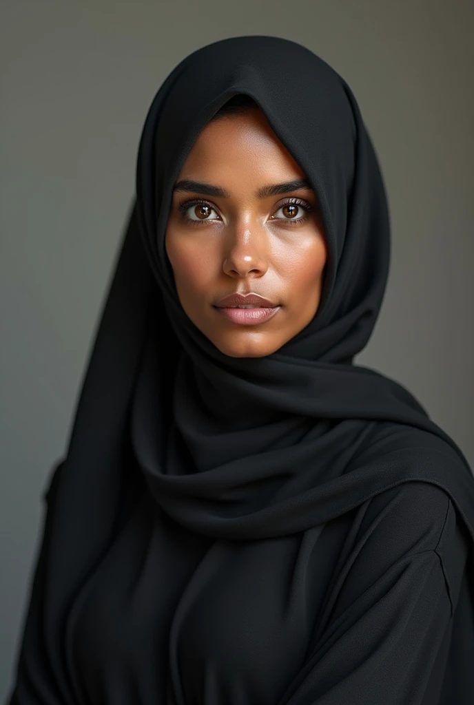 Portrait of brown skinned muslim woman wearing a niqab, standing streight, looking at camera, photorealism:1.2, high detail, high resolution, 4K, UHD