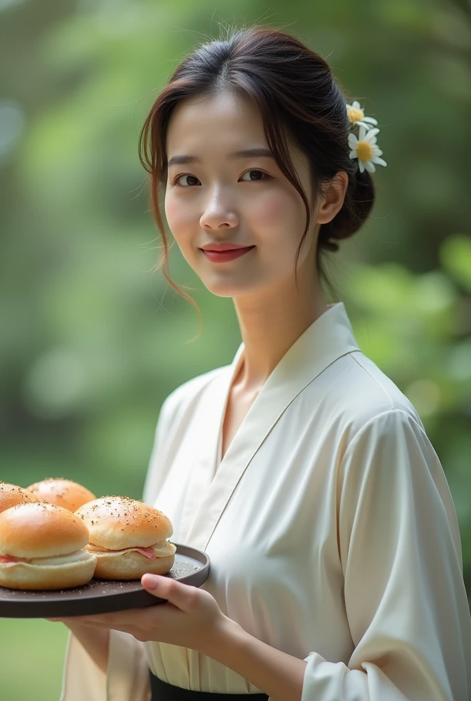 An elegantly dressed Japanese woman in natural light、A close-up of her chest and calm expression.、It shows her inner peace and outer charm.。Full body photo。Gentle smile。Carrying sandwiches on a tray。