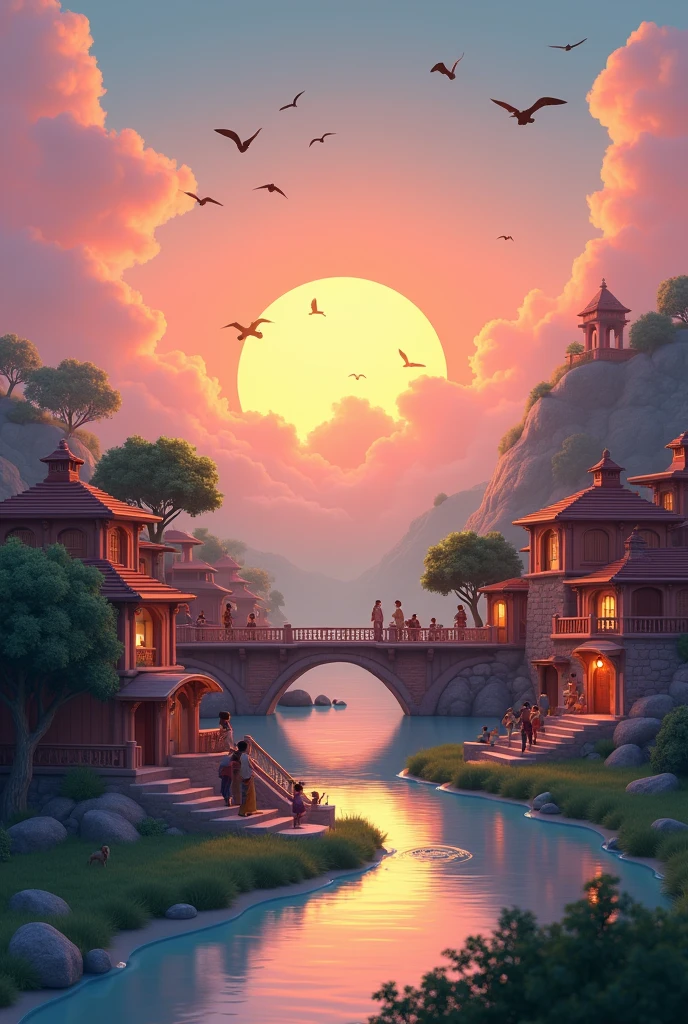 3d cartoon style"a beautiful village(Indian village)have few peoples ,in the village have street and river,on the river passing a bridge,on the background sunset ,in the sky few birds flying, image viewed from in the cloud. Environment colour are cool.realistic image.