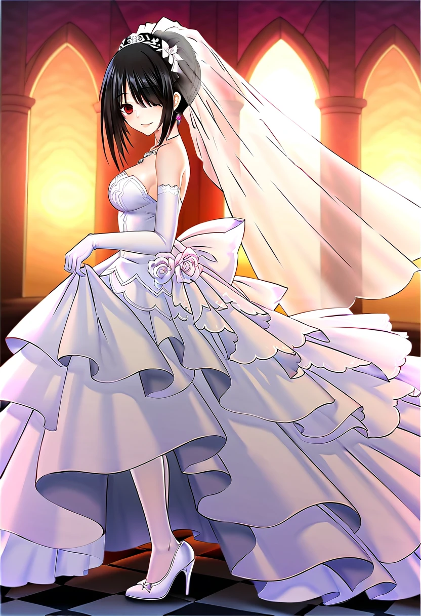 tokisaki kurumi,((masterpiece)),(((best quality))),((ultra-detailed)),((illustration)),((disheveled hair)),((frills)),(1 girl),(solo),1girl,bare shoulders,black hair,bow,bridal veil,bride,checkered,checkered floor,clothes pull,clothing,cross,dress,dress lift,dress pull,earrings,elbow gloves,female,female only,full body,garter straps,glass slipper,gloves,hair bun,hair over one eye,hand on window,headdress,head turned,high heels,jewelry,lace,lace trim,lace-trimmed legwear,lace-trimmed thighhighs,legs,lingerie,long legs,looking at viewer,necklace,open dress,open wedding dress,parted lips,red eyes,shoes,short hair,short hair with long locks,side view,smile,strapless dress,sunbeam,sunburst,sunlight,thighhighs,tied hair,veil,wedding dress,white bow,white legwear,white thighhighs,window,full body,Rating:safe,profile,from side,
