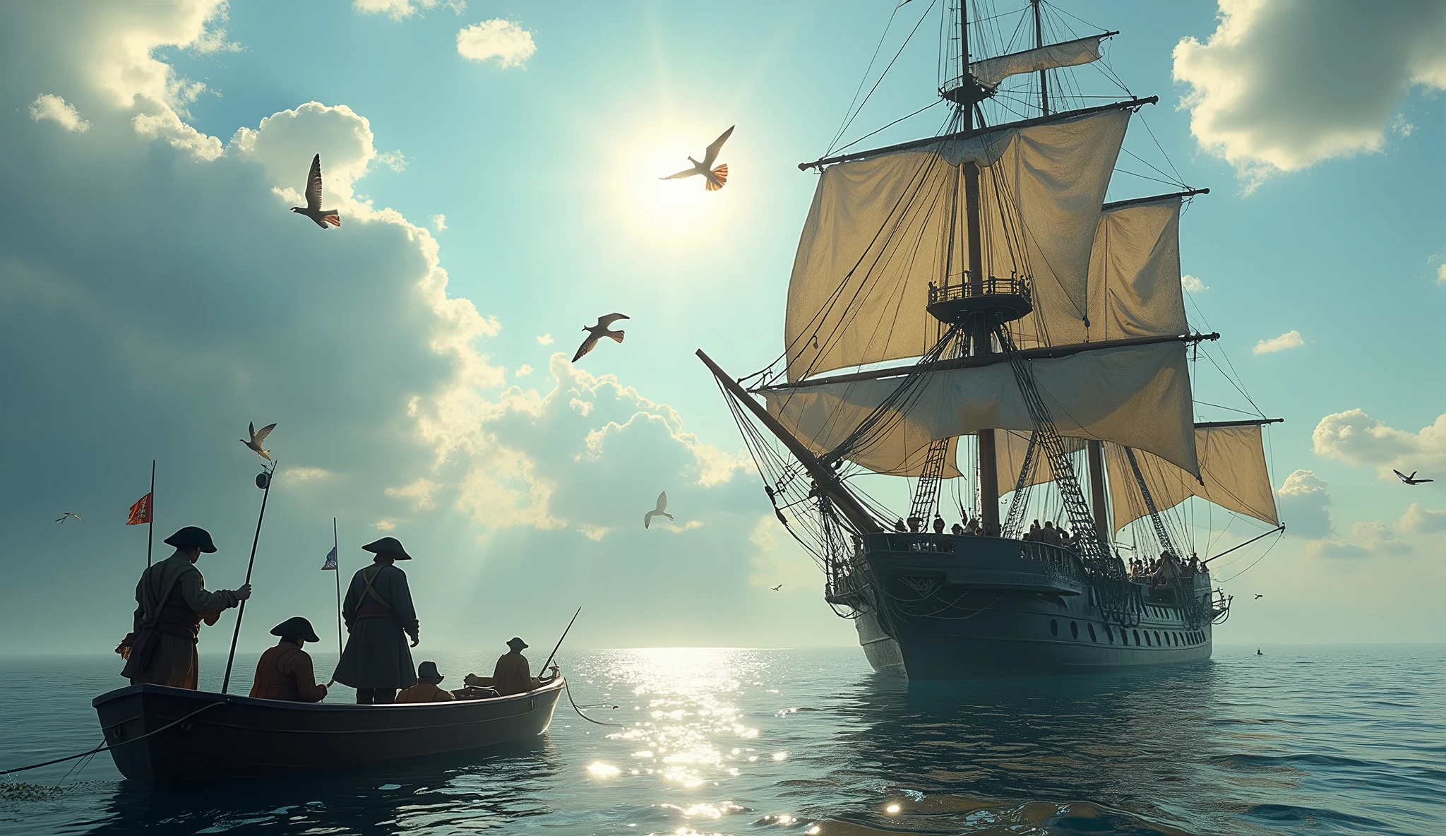 (best quality,4k,8k,highres,masterpiece:1.2),ultra-detailed,(realistic,photorealistic,photo-realistic:1.37),several pirates fishing from a pirate ship in the age of discovery,detailed pirate costumes,detailed pirate ship,cloudy sky,calm sea,sunlight on the water,fishing nets,small fishing boat,seabirds flying overhead