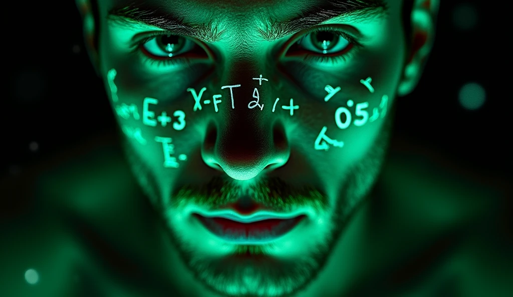 Close-up of man's face, glowing green holographic equations projected onto skin. Intense gaze, realistic features. Dark background, cyberpunk aesthetic. Luminous mathematical formulas, handwritten style. Futuristic, high-tech atmosphere. Photorealistic rendering, dramatic lighting, sharp contrast