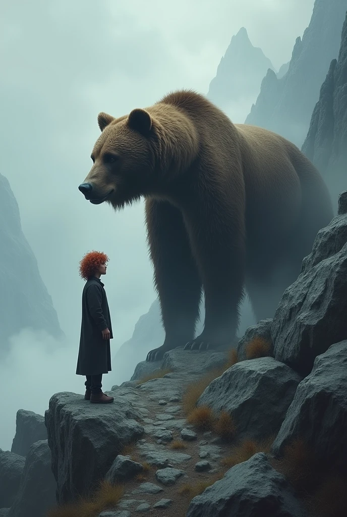 On a mountain in gray weather, a man with curly red hair stands calmly in front of a giant bear who is also calm 