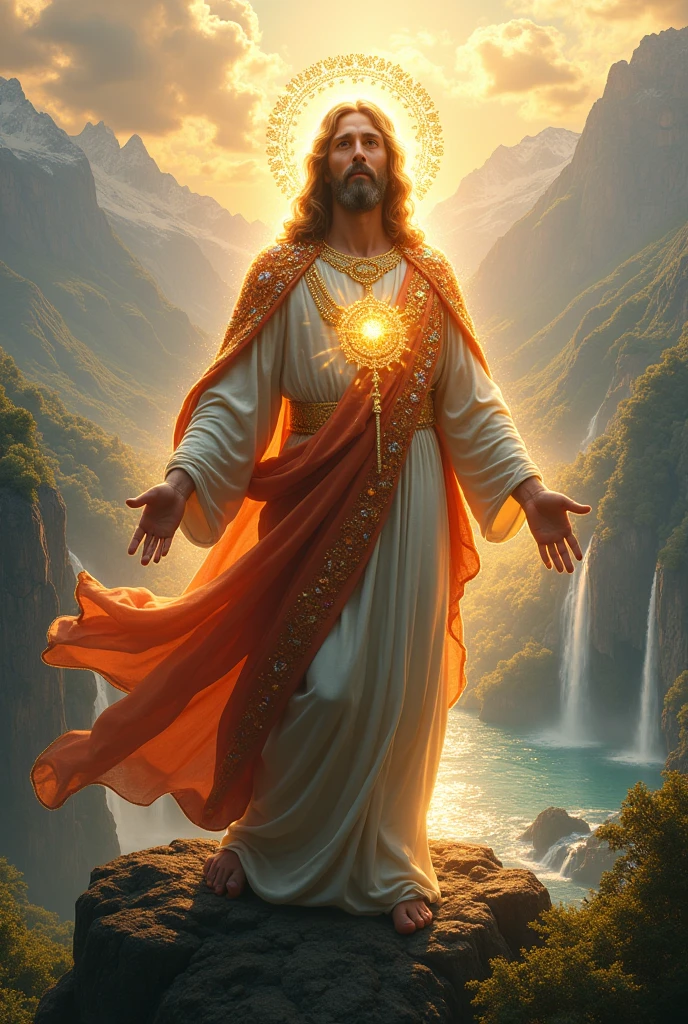 Jesus came dressed in jewels and was very beautiful The view from the sky should be 8kCreate the most beautiful background in the world