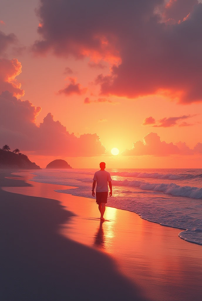 Guy walking on a beach on a beautiful sunset