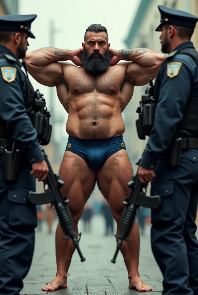 Young huge extremely hairy muscular bearded Italian man in navy blue bulge boxer shorts, standing, very big, with your legs wide apart from each other, with both hands behind his head, being searched by two armed police officers.