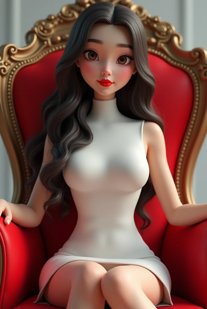 Pretty 25 yrs old girl with long hair wearing white turtle neck  long dress and red lipstick sitting in the red royal chair putting the 2 hand in armchair. 3D semi animated portrait full image