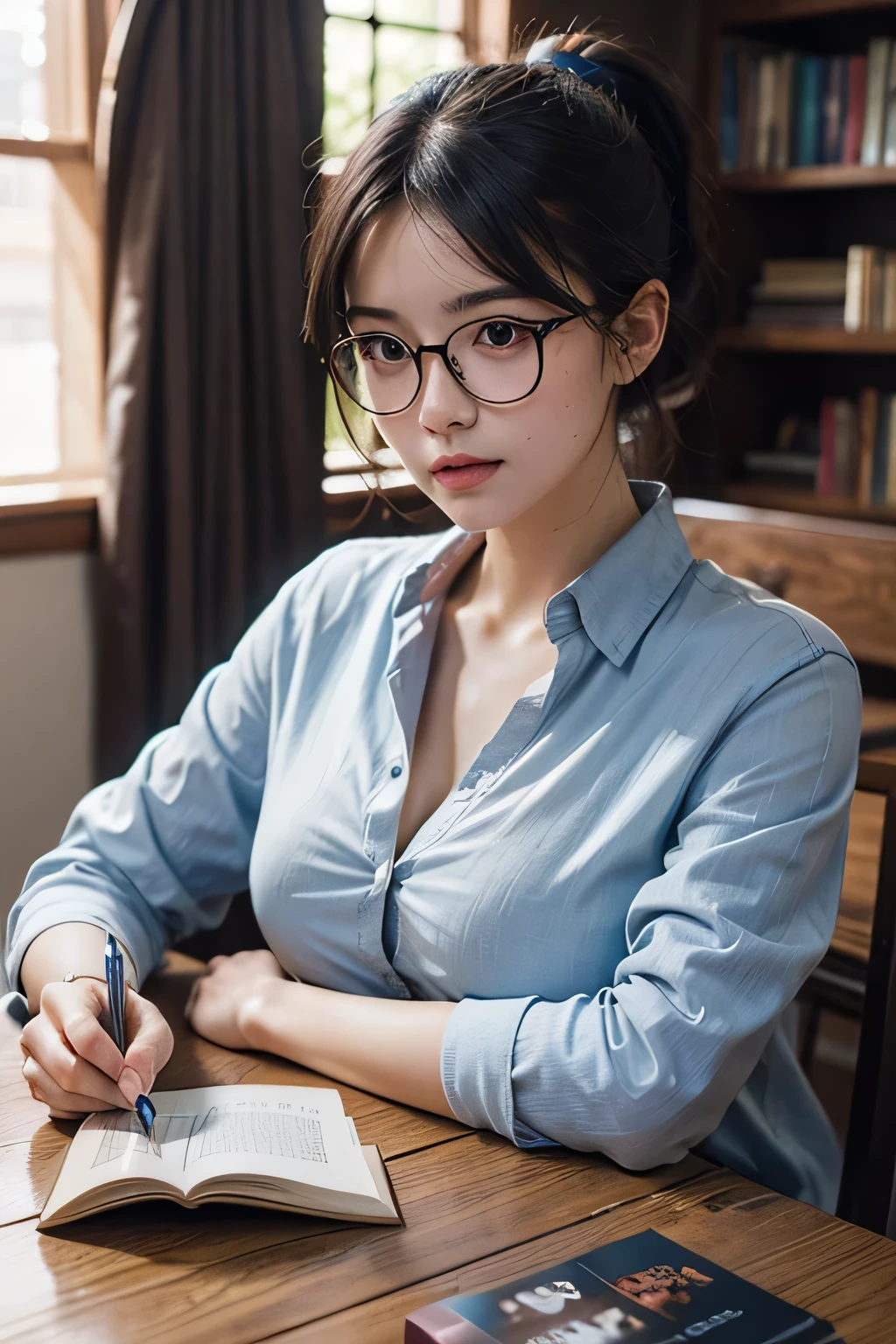 1 woman， black hair color hair， short ponytail hair， clear thin frame glasses， thinking face，ssmile （Wear button-down shirts， Large breasts）， sitting down， Learn， off and on， lying on the table， get a pencil， opened book， nerds， glass of milk， table light， off and on， in library， wall decorate， Mini library， glass window， wall clock， off and on， Movie Lighting， realistically， tmasterpiece， Best quality， Complex CG，The face is very detailed，High detail eyes，There is milky  flowing on the surface of the chest skin