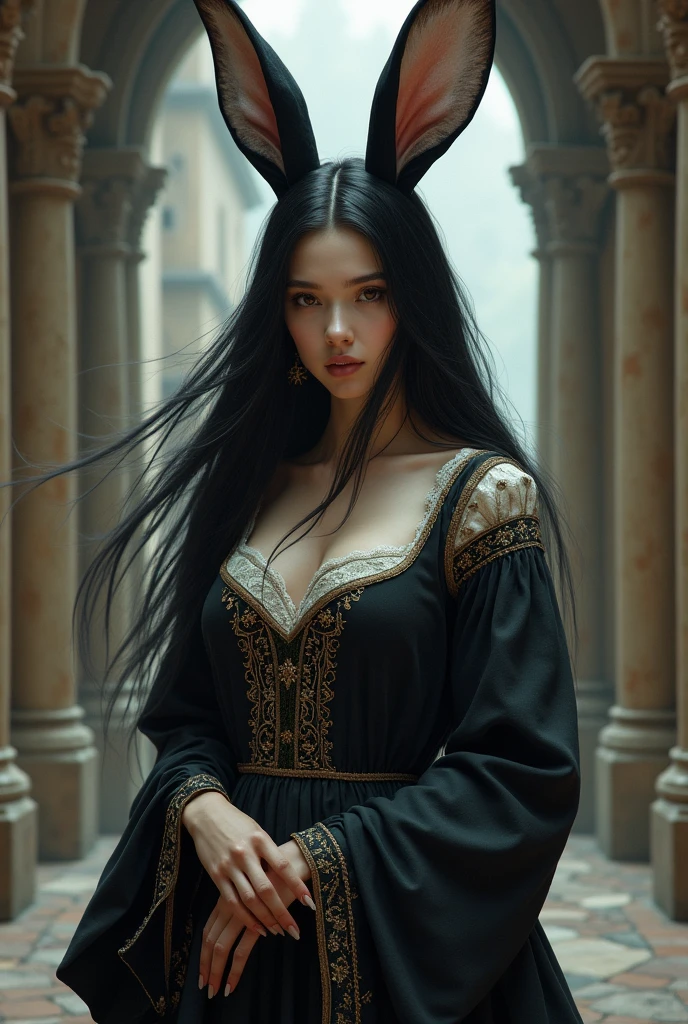 A woman with black hair and brown eyes. She has black bunny ears. She wears medieval clothing.