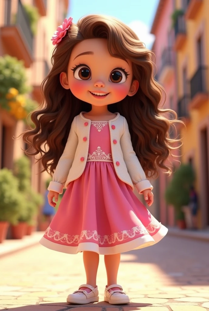 Here's a description for your character:

**Name**: Sofia

**Age**: 4

**Appearance**: Sofia is a vibrant Spanish girl with long, curly brown hair that reaches her hips. She wears a cute pink and white three-piece outfit with matching white shoes. Her outfit consists of a pink top with 