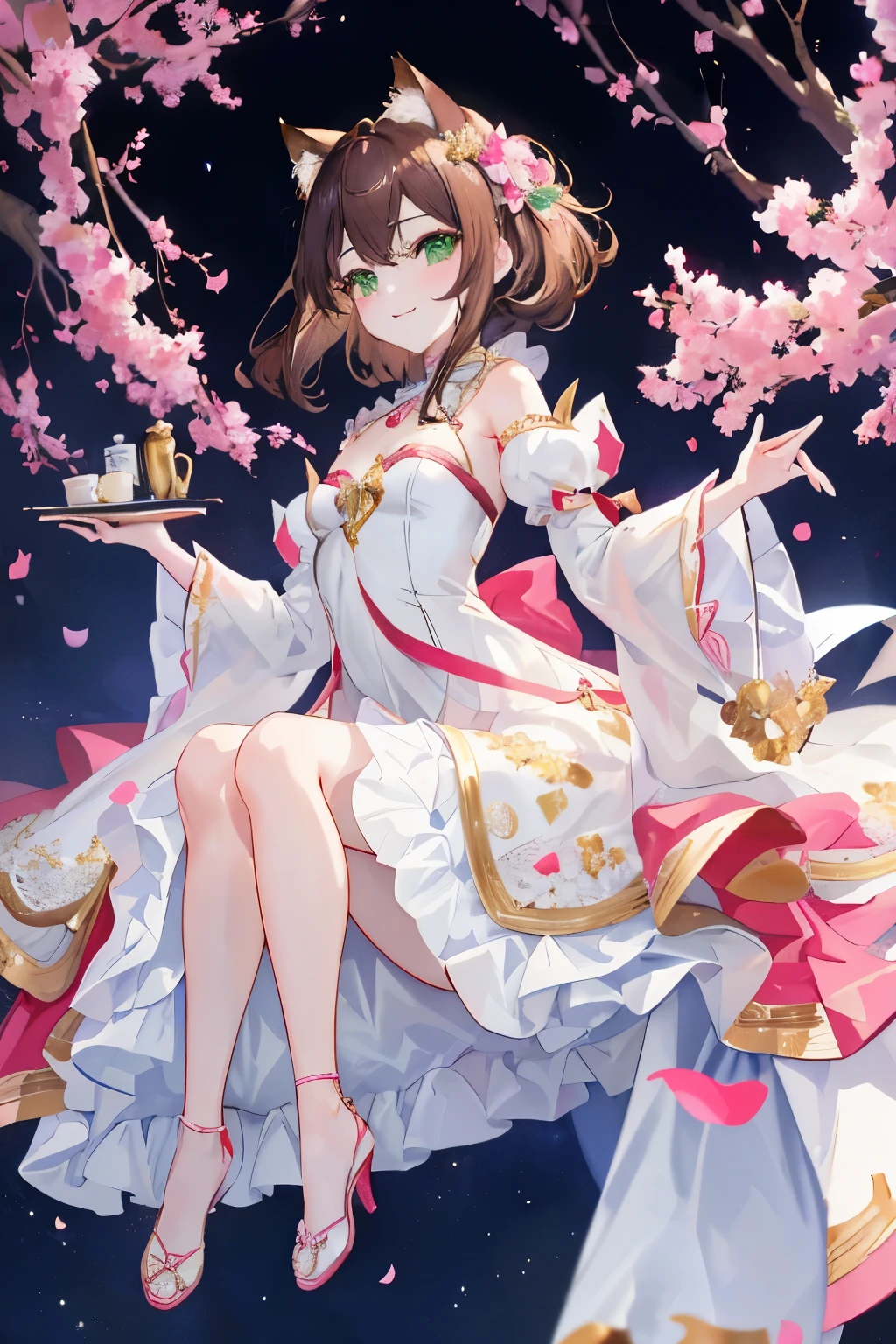 ((masterpiece, Highest quality, High resolution, 超High resolution, Pixel perfect, Written boundary depth, 4K, RTTX 10.0, High resolution))), 1 person, single, alone, Beautiful Anime, Beautiful art style, Anime characters, ((Shortcuts, bangs, Dark brown hair)), ((Green Eyes:1.4, Round eyes, Beautiful eyelashes, current eyes)), ((Smooth texture:0.75, Anime CG style)), ((Dynamic Angle, close)), Perfect body, (cute), Normal chest, whole body, ((4K, 8k, Highest quality, Perfect Fingers: 1.3, Perfect Anatomy: 1.3, Background Blur)), whole bodyアングル, Illustration of a princess with cat ears, The character is a princess wearing a gorgeous dress.、She has cute cat ears on her head, The dress has an elegant design with gold and pink embroidery.、It spreads softly with her movements, With a graceful smile on her face、Holding a small cat's tail in one hand, In the background, the interior and gardens of a gorgeous castle spread out.、Overall, the scene is a fusion of fantasy and cuteness.
