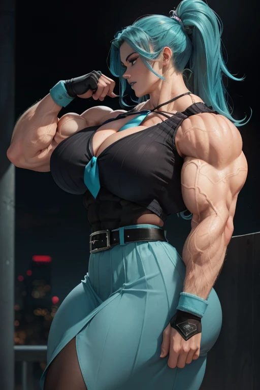 ((Close-up)), tall, (cyan blue hair) beautiful muscular woman, long beachy hair, pale white skinned, closed smile, (black lipstick), big breast, (massive muscles), (hyper muscle), ((ginormous bulky muscles)), glowing purple eyes, (((cyan sleeveless pleated shirt))), ((black pencil skirt with belt)), (fingerless gloves), (necktie), high heels, night in rooftop, 