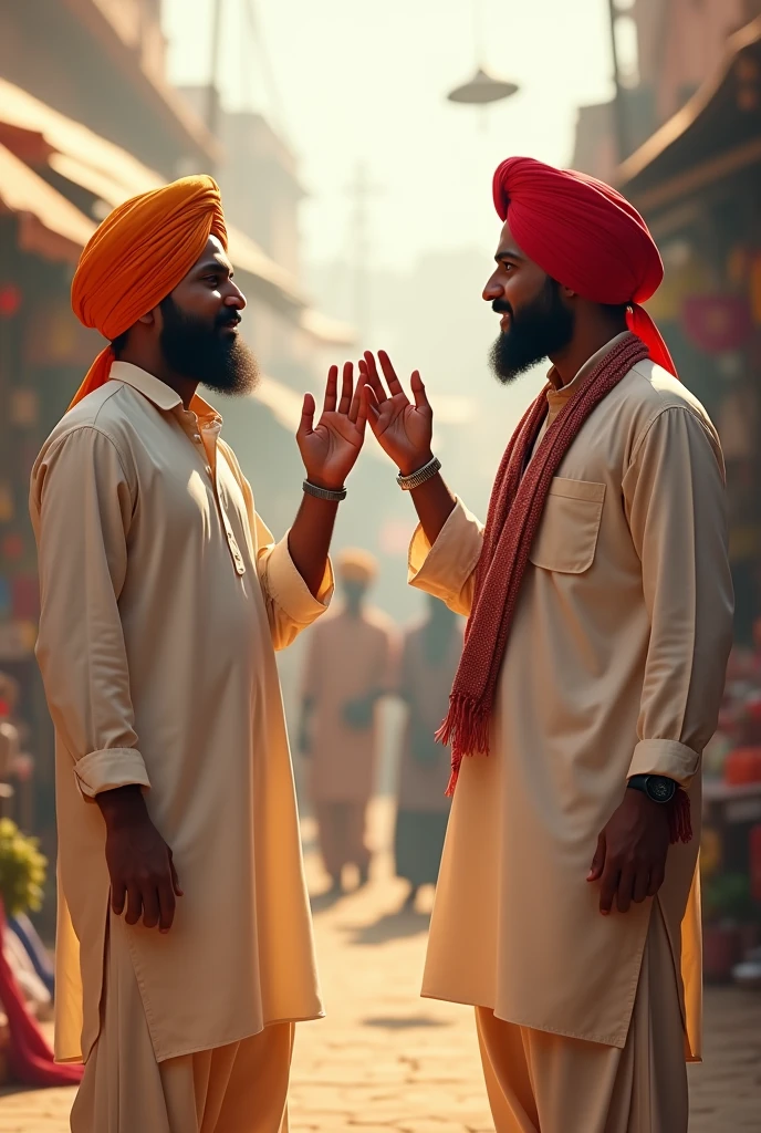 Two young men are talking to each other with their hands raised, in a market, they are both in white color punjabi pajamas and turbans, it will be morning,