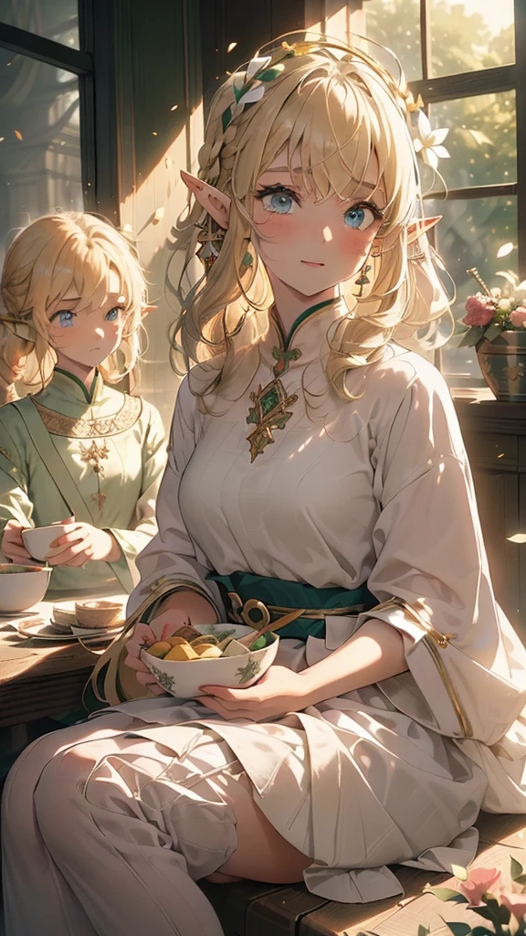 (masterpiece,最high quality,high quality,Ultra high definition,accurate,Ultra-detailed,High detail,Better Quality,8k,16K,High resolution,High-resolution model,Winner of numerous awards,Anatomically correct,CG rendering,anime:1.5),(windmillが連なる美しい花畑でピクニックをする,A happy elf family of three sitting and eating lunch:1.5),(A man with short blonde hair and blue eyes:1.4),(A woman with pink wavy hair and green eyes:1.3),(A young girl with gold and pink gradient hair:1.4),Deep,(Detailed colorful flowers,windmill,spring,cloud,grassland,Flower field background:1.3),(Pointed Ears,Highly detailed face,虹彩のあるUltra high definitionな目,Textured skin,Conservative silk clothing with attention to detail,Shiny beautiful hair,Delicate depiction of hair,Delicate expression:1.3),Reflected natural light,Soft and warm light,Light shines in,(Intricately designed, loose-fitting adventure elf attire,Gentle colors:1.2),Soft shadows cast on face and surroundings,Deep colors,Sharp details,Each hair is clearly visible,Perfect attention to detail,A gentle breeze blows and my hair flutters,A dreamy, fantastical atmosphere,(Framing Composition,Wide-angle shot,whole body,Overlooking),