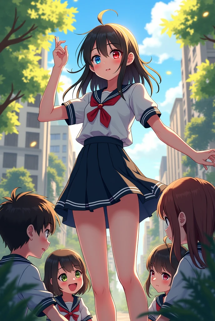 Beautiful animated female character Wearing black and white school uniform and one eye in red colour and second eye in blue colour and creating a magical giant spell in city with his four friends bring sword clicking the photo in front of camera the sun is shining and all are sit in the garden in the summer uniform and wearing cap.