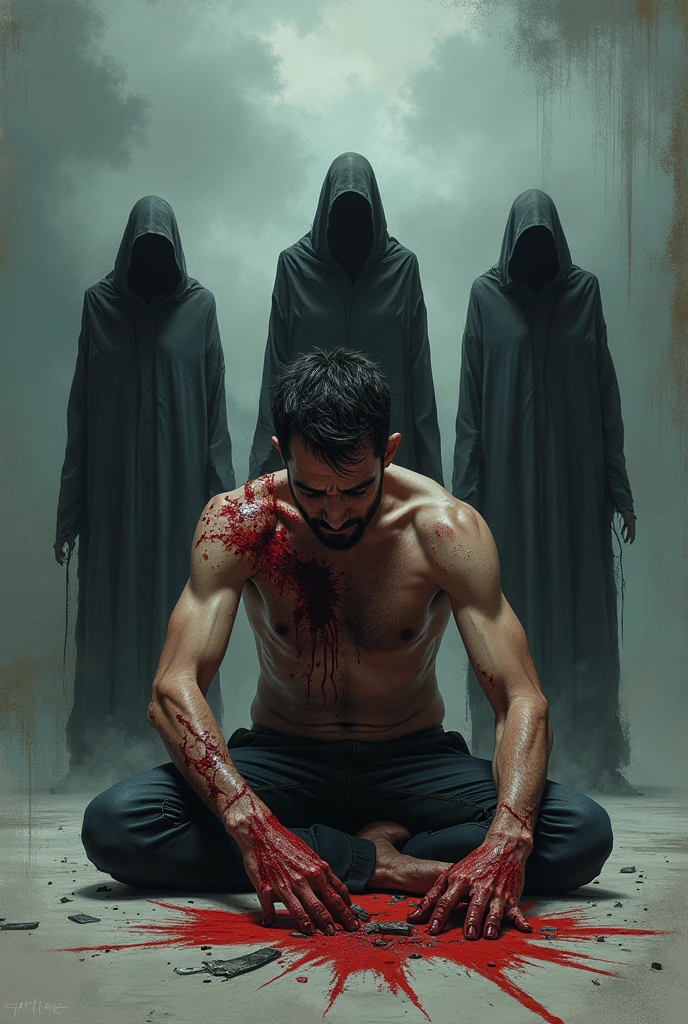 Job sitting on the floor with his body covered in wounds and scratching himself with a shard of glass, grey sky, three men standing accusing him