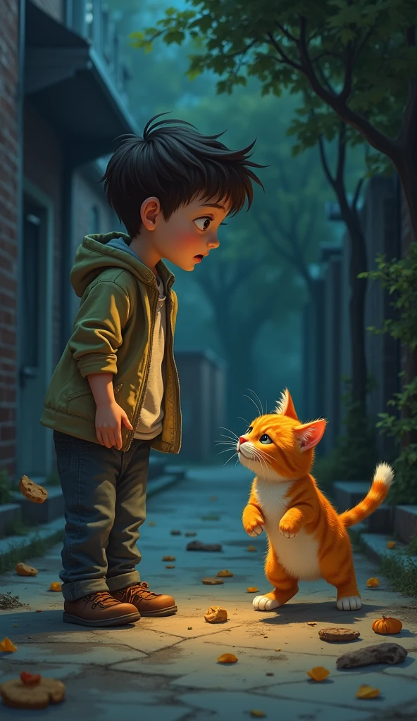 Scene 9: The Betrayal
Location: A Backstreet Near the Park
A young boy approaches the orange cat with a kind smile, offering a treat. As the cat gets close, the boy suddenly grabs it, trying to stuff it into a small box. The cat scratches and escapes, sprinting away as the boy curses after it.