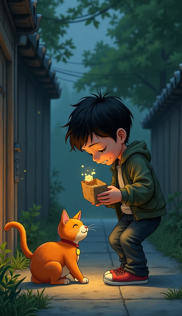 Scene 9: The Betrayal
Location: A Backstreet Near the Park
A young boy approaches the orange cat with a kind smile, offering a treat. As the cat gets close, the boy suddenly grabs it, trying to stuff it into a small box. The cat scratches and escapes, sprinting away as the boy curses after it.