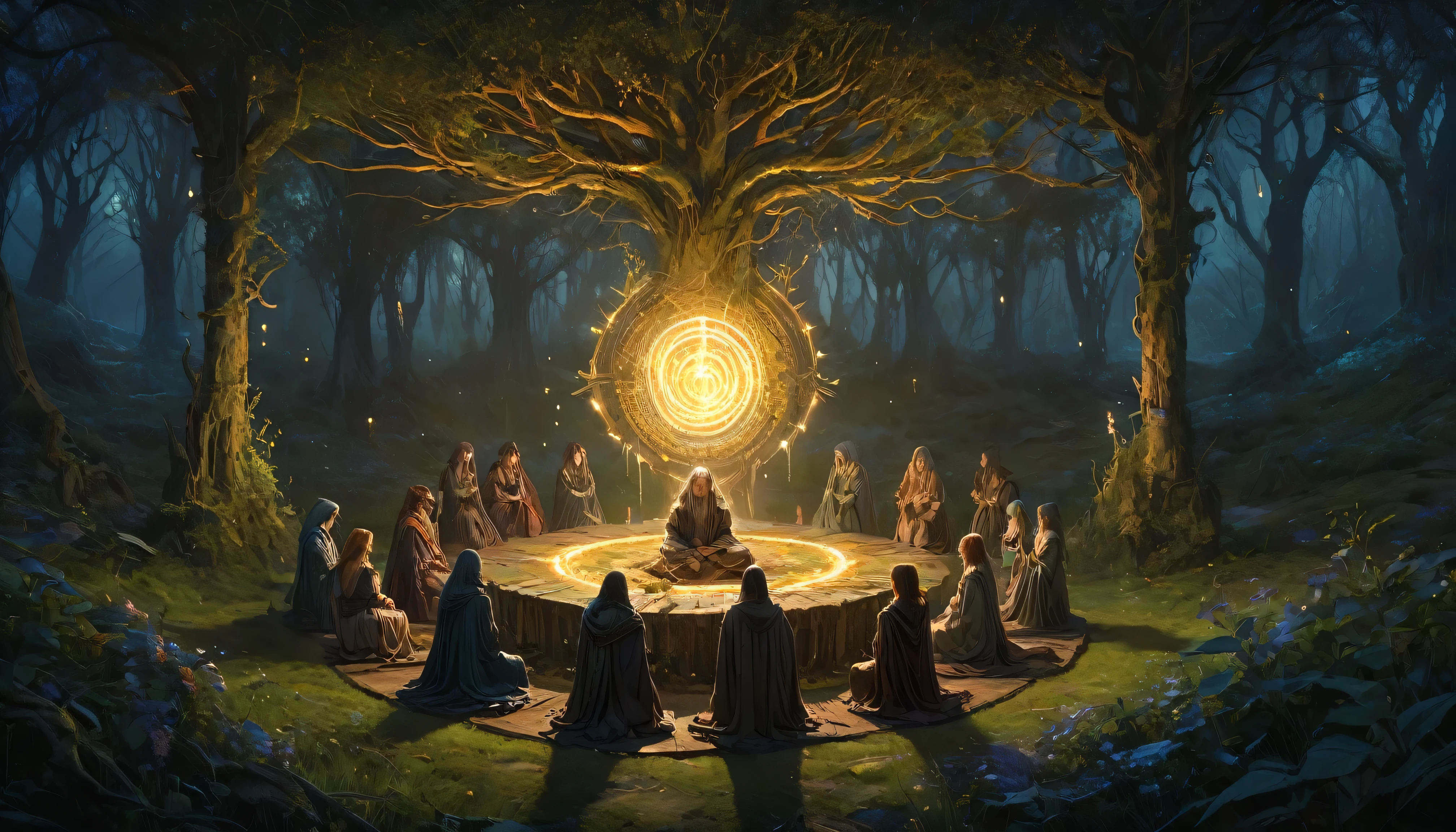 (anime, fantasy, dark cult), (detailed CG unity 8k wallpaper, masterpiece, best quality, highly detailed, HDR:1.2), a dark cult gathering, praying in circle, medieval cult, open field. {night} {unique shape} {4k texture}, vibrant color, intricate, ethereal lighting. From Brian Froud and Carne Griffiths and Wadim Kashin and John William Waterhouse