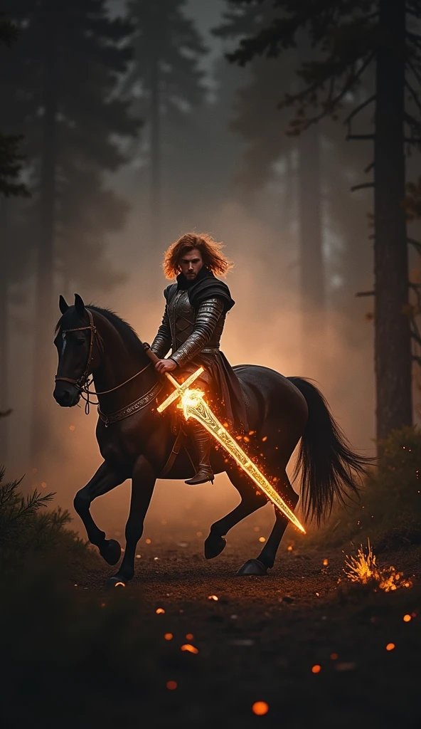 A male warrior ginger hair riding on a hors, holding A sword with Star of David Symbol, illuminated by a fiery orange aura that highlights intricate golden designs on the blade and hilt; rugged expression, dark tousled hair flowing freely, clad in elaborate metallic Armor with a dark cloak draping over his back; misty twilight forest background with dark looming trees, smoky ethereal air, glowing embers and sparks around; earthy browns, oranges, and golds dominate the scene, contrasting--shot on Sony A7S III, f/ 9. 0, 1/ 500, sharp focus 64k unsaturated, masterpiece, best quality cinematic Sony A7S III, shallow depth of field, 100mm f/2.4, natural light, cinematic, widescreen aspect ratio, Cinematic Dramatic, inside epic place, epic background, Sci-fi film style, natural textures, hyper-maximalist, sharp focus, dynamic pose.