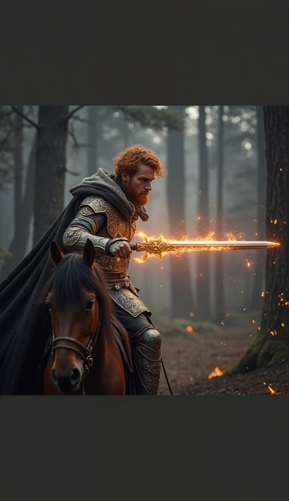 A male warrior ginger hair riding on a hors, holding A sword with Star of David Symbol, illuminated by a fiery orange aura that highlights intricate golden designs on the blade and hilt; rugged expression, dark tousled hair flowing freely, clad in elaborate metallic Armor with a dark cloak draping over his back; misty twilight forest background with dark looming trees, smoky ethereal air, glowing embers and sparks around; earthy browns, oranges, and golds dominate the scene, contrasting--shot on Sony A7S III, f/ 9. 0, 1/ 500, sharp focus 64k unsaturated, masterpiece, best quality cinematic Sony A7S III, shallow depth of field, 100mm f/2.4, natural light, cinematic, widescreen aspect ratio, Cinematic Dramatic, inside epic place, epic background, Sci-fi film style, natural textures, hyper-maximalist, sharp focus, dynamic pose.