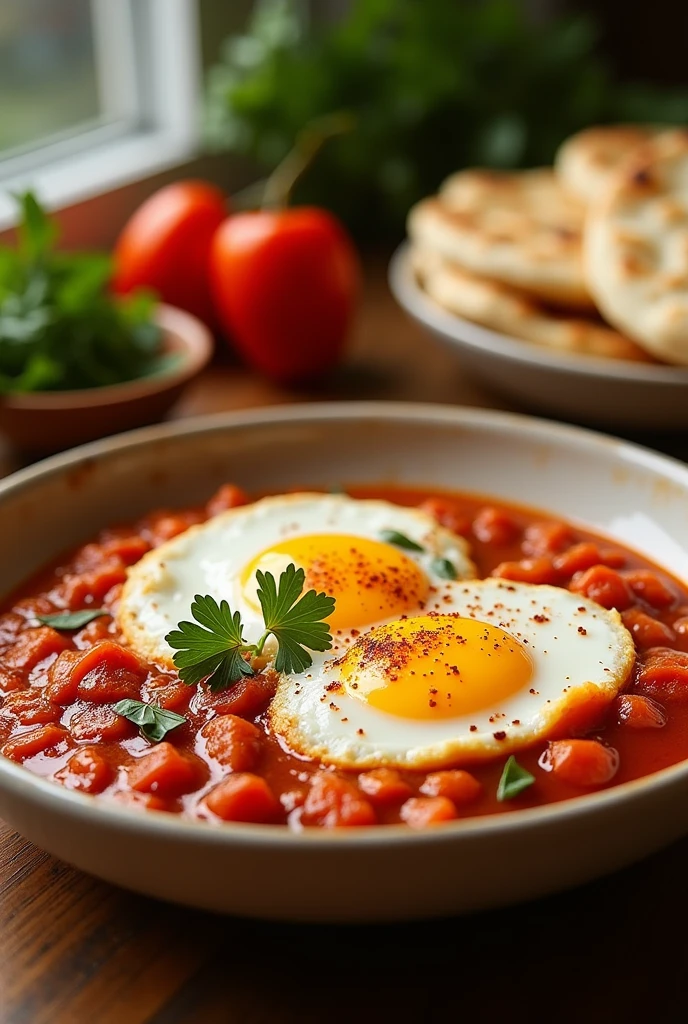 Shakshuka (poached eggs in a spicy tomato sauce) with flatbread