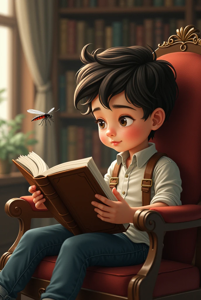 A mosquito flying or a boy who reading in library chair his hand holding a LA name book watching flying mosquito