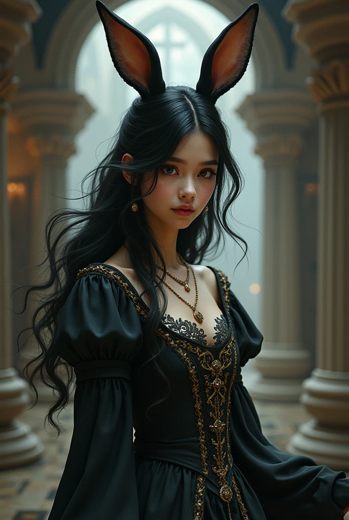 A woman with black hair and brown eyes. She has black bunny ears. She wears medieval clothing.