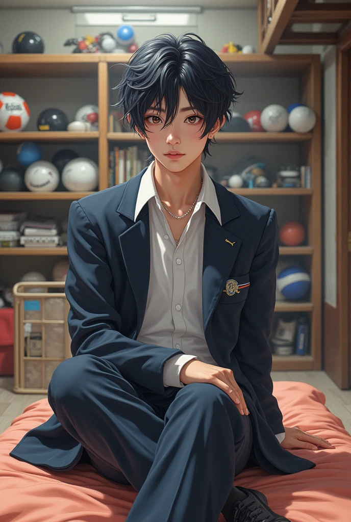 Na Jaemin's face from NCT Dream Sitting on a futon in a sports equipment storage room in a Japanese school uniform.