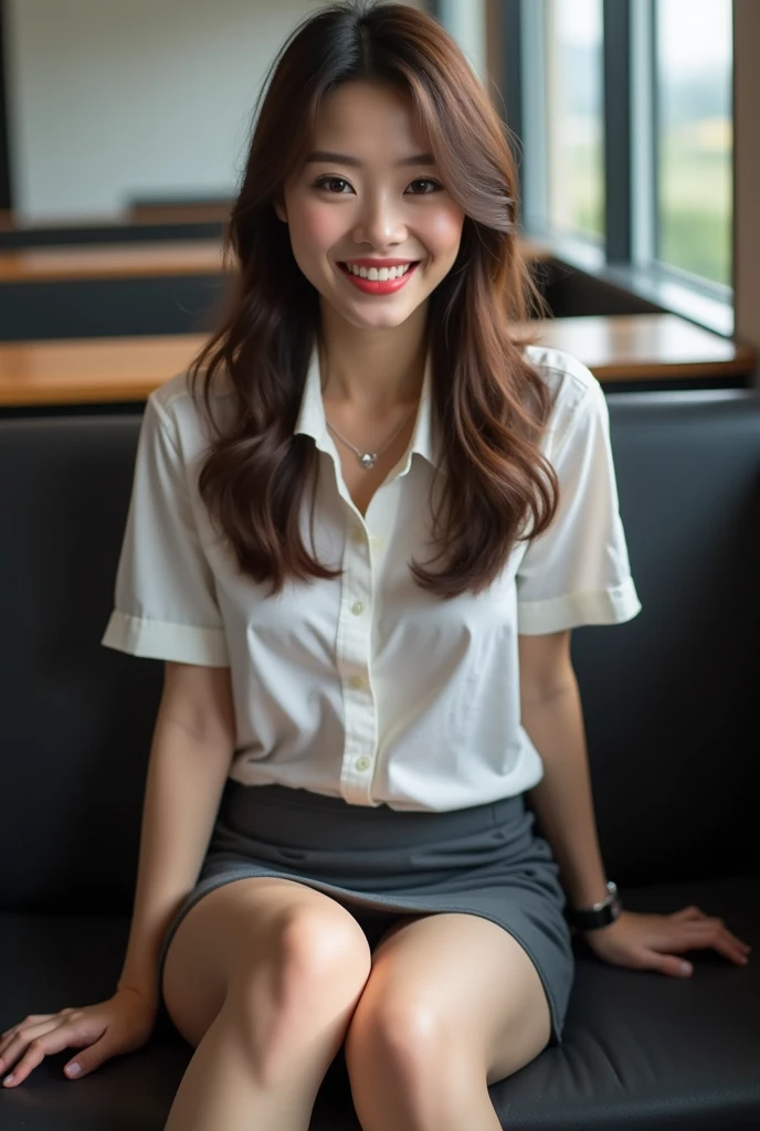 (masterpiece:1.2,8k, raw photo, ultra quality), absurdres, (photo realistic:2), high detail raw color photo,skiny skin, professional photograph,((best quality))、A very beautiful Japanese office lady、pointing、upskirt、White panties、evil grin、smiling at viewer、Please put your feet up、short hair、Front Light:1.5、cleavage cutout、skirt lift、Moist red lips, sweet, Sit on a bench, Gray background, Bright lighting, Open your mouth, Eyes that plead, ((((whole body)))), Sexy thin legs, Small and hard breasts, Lift up your skirt, (M-foot:1.5), ((Lift up your skirt:1.9)), Wearing a white short-sleeved collared shirt, (Open shirt:1.3), Grey platter pencil skirt,
