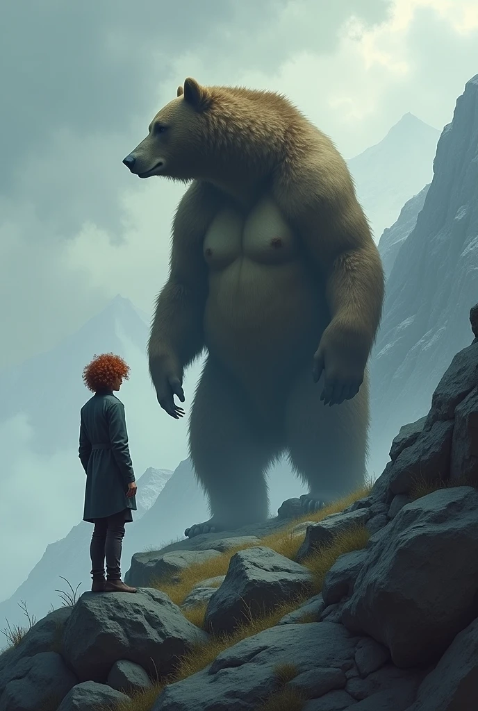 On a mountain in gray weather, a man with curly red hair stands calmly in front of a giant bear who is also calm 