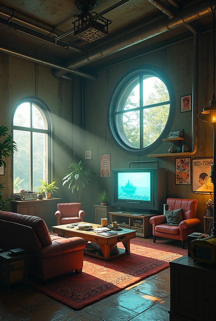 there is a room with a table, chairs, and a television, fallout concept art, post apocalyptic room interior, sci fi engine room living room, inspired by Ismail Inceoglu, by senior environment artist, highly realistic concept art, post grunge concept art, inspired by senior environment artist, cyberpunk childrens bedroom, surreal sci fi set design, relaxing concept art, cyberpunk ager bedroom