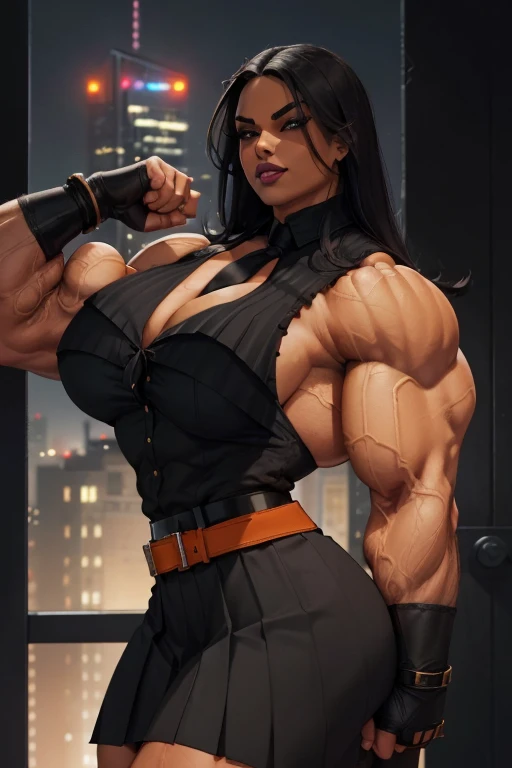 ((Close-up)), tall, (black hair) beautiful muscular woman, long straight hair, light brown skinned, closed smile, (black lipstick), big breast, (massive muscles), (hyper muscle), ((ginormous bulky muscles)), glowing orange eyes, (((black sleeveless pleated shirt))), ((black pencil skirt with belt)), (fingerless gloves), (necktie), high heels, night in rooftop, 