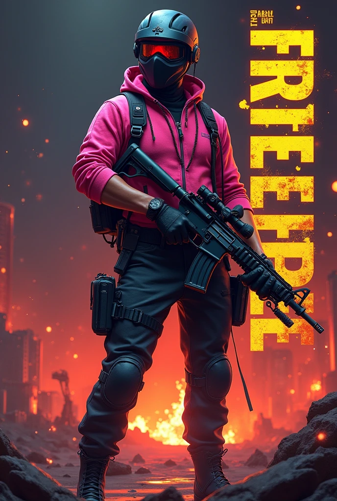 "Create a digital illustration that showcases a 'Free Fire' gameplay theme. The image should feature a character standing confidently with a modern rifle, wearing a bright pink shirt, dark pants, and a helmet or headgear with a mask covering their face. The background should be dark with fiery orange and red tones, giving a sense of intense action. Include the bold text 'MY FIRST GAMEPLAY' in large, stylized font on the right side, with the 'FREE FIRE' logo displayed below it in a grungy, rugged style. The overall design should emphasize excitement and a sense of adventure."