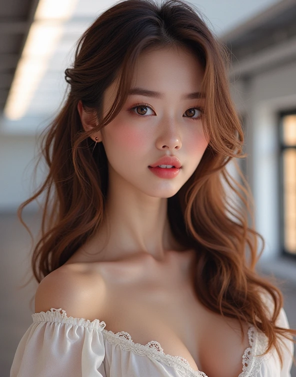 1 Girl,full body shot (1.3),close shot (1.3), face close-up, corridor,Soft Light, Korean Beauty,dress,Light-haired,long hair,
 white background, gorgeous Korean-Russian girl, doll face, with thick and long wavy brown with golden blonde undertones hair, big and large slender dolly hazel-blue bright eyes, long and thick curly dark brown eyelashes, button upturned nose, high nose bridge, fullest and plumpest with a pout at the top rosy red luscious lips, oval face shape, shorter face, shorter chin, v-shaped jawline, pointy chin, tiny face size, pale milky white traslucent perfect skin, whitening skin, hourglass shaped body, tiny and narrow waist, rounded hips, long and slender beautiful legs, big perfect brests (1.4), large breasts, bust size 84 cm, waist 57 cm, hips 86 cm, bra size 34 D, tall at 5’7, full body image, realistic, photorealistic, ultradetailed, skin texture, hyperealismHigh Resolution, Closed Mouth, highly detailed, high resolution 8K, wearing a cute white dress highliting her horglass body