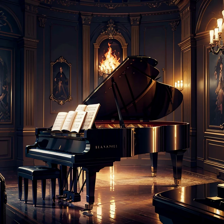(masterpiece, best quality, ultra-detailed, illustration, high resolution, UHD, depth, cinematic lighting), piano, fire, blaze, large empty room, giant room, piano in center, burning piano, piano on fire:1.4, piano in a blaze, burning, surrouned by fire, dark room, sadness, grief, regret, emotion, love, beaty, poetry, destruction,