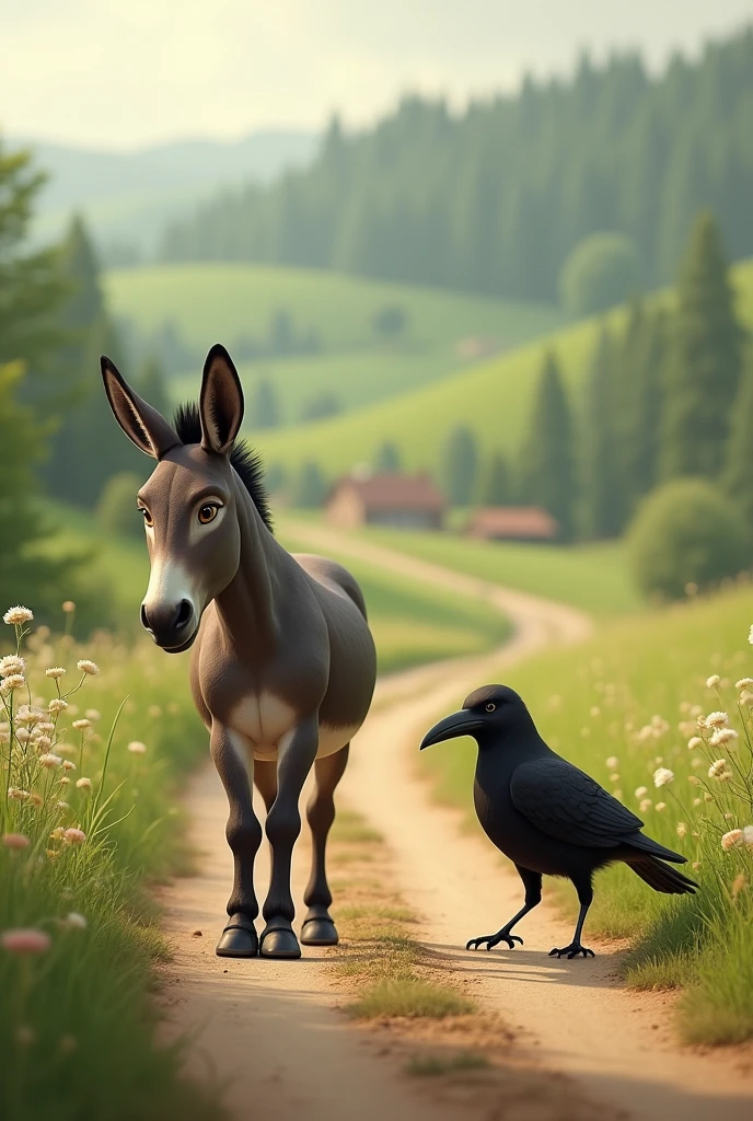 Opening Scene: A realistic countryside road scene with a green landscape. A donkey and a crow are walking side by side along a dusty path. The donkey has a contented expression,