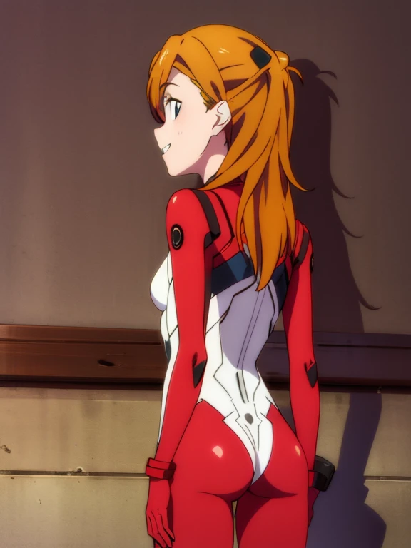 asukalangley, asuka langley soryu, (souryuu asuka langley:1.2), long hair, bangs, blue eyes, brown hair, hair ornament,
BREAK bodysuit, pilot suit, plugsuit, (red bodysuit:1.5), interface headset,
indoor,(((shadow)))
BREAK looking at viewer, (cowboy shot:1.5),,smile,ass,from back