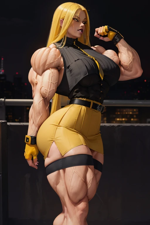 ((Close-up)), tall, (yellow hair) beautiful muscular woman, long flowing hair, light brown skinned, closed smile, (black lipstick), big breast, (massive muscles), (hyper muscle), ((ginormous bulky muscles)), glowing gray eyes, (((yellow sleeveless pleated shirt))), ((black pencil skirt with belt)), (fingerless gloves), (necktie), high heels, night in rooftop,