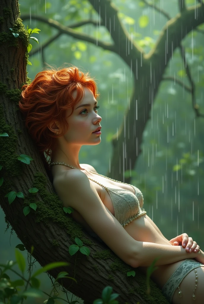 girl, red hair, green eyes, amber heard, pixie, Nearly naked, raining, cold, woodland, lying on tree branch, happy
